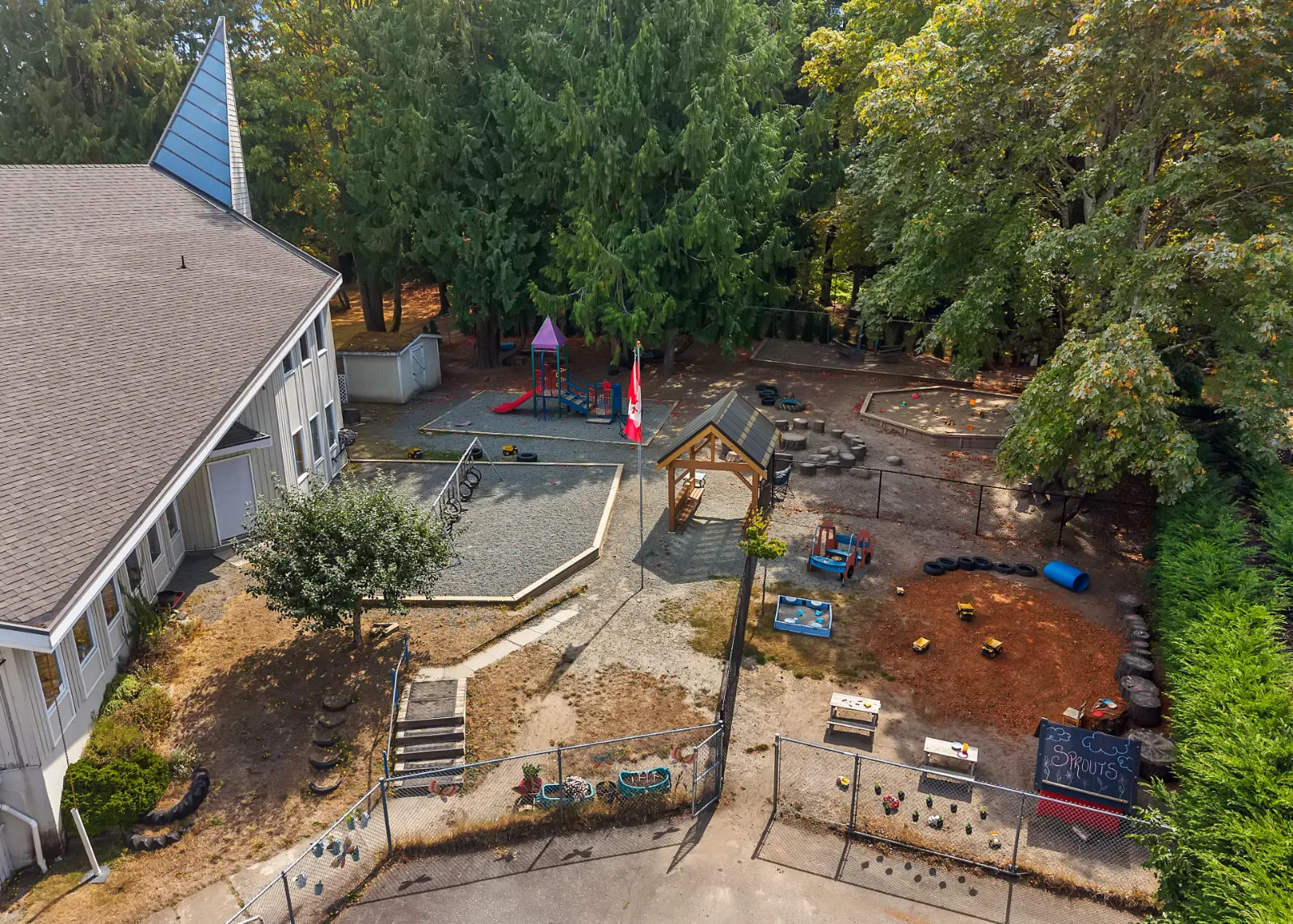 Aerial view of the playground, gazebo and garden beds