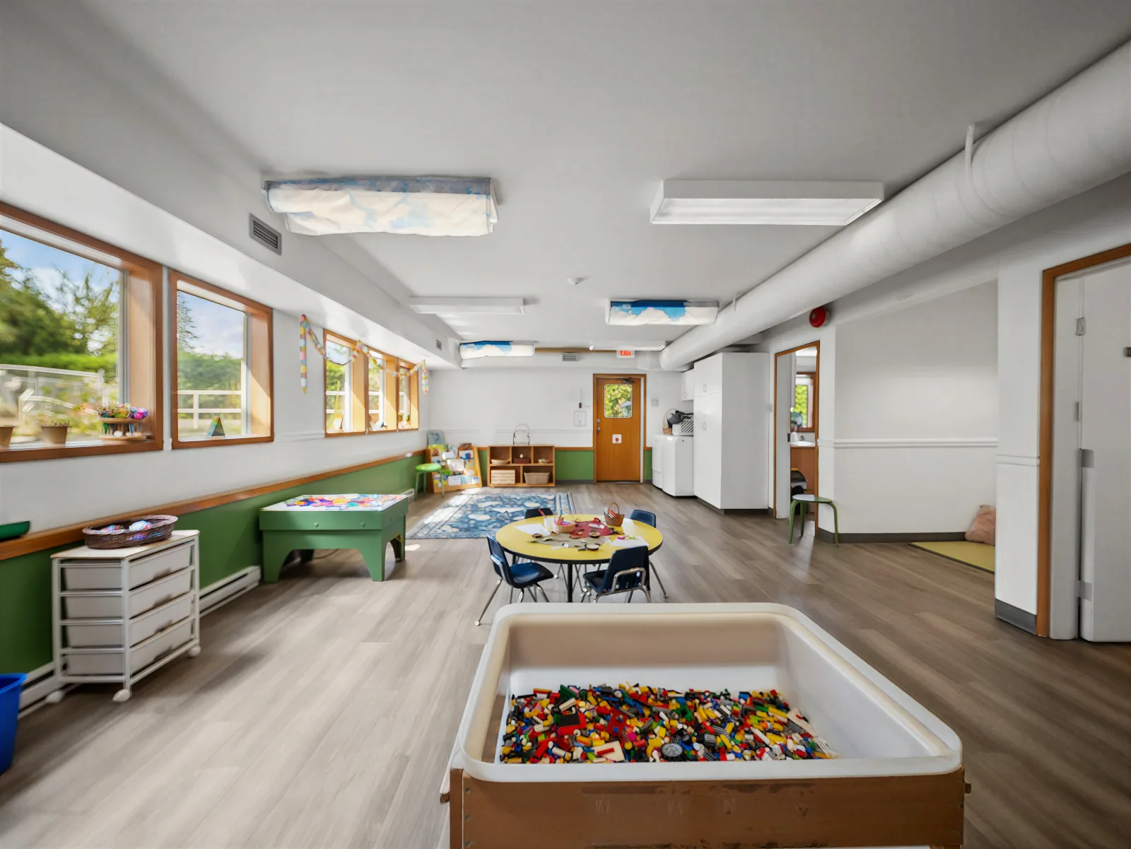 A bright playroom with a loose-parts bin, art table and reading rug
